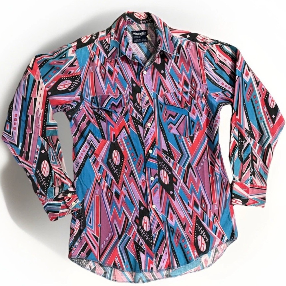 Wrangler Colorful Aztec Geometric Western Shirt 15.5x34 Vintage 90s